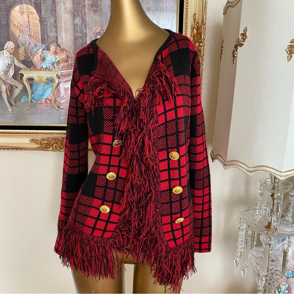 VENUS  Plaid Fringe Open Front Cardigan Sweater